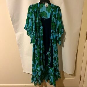 Chic Blue Green Floral Duster/wrap  Dress With Navy Camisole  For Wedding  S/M